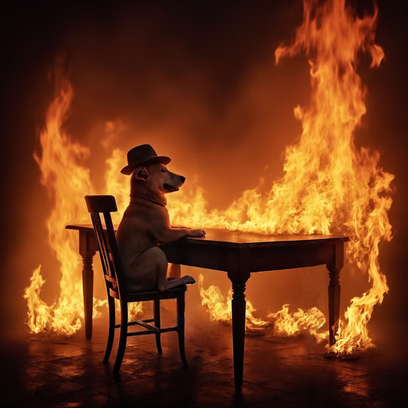 Photoreal dog sitting calmly in fire